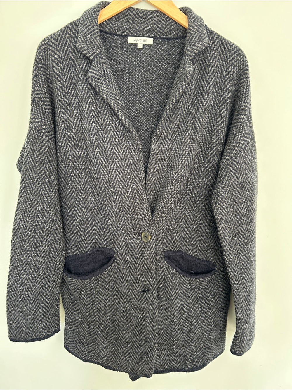 Madewell Gray Herringbone Knit Blazer-Style Sweater